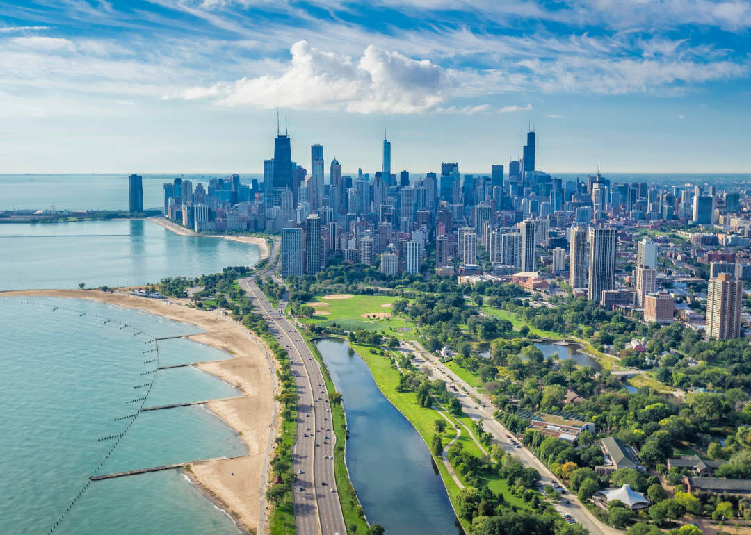 A distant view of the Chicago skyline.