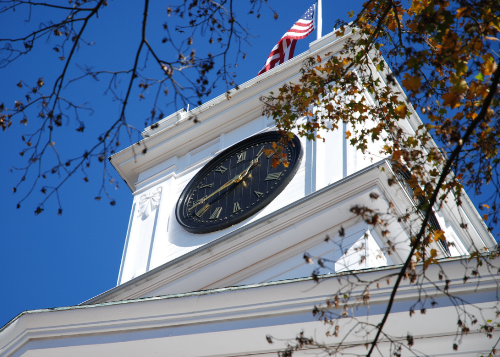 A white clocktower and American flag.