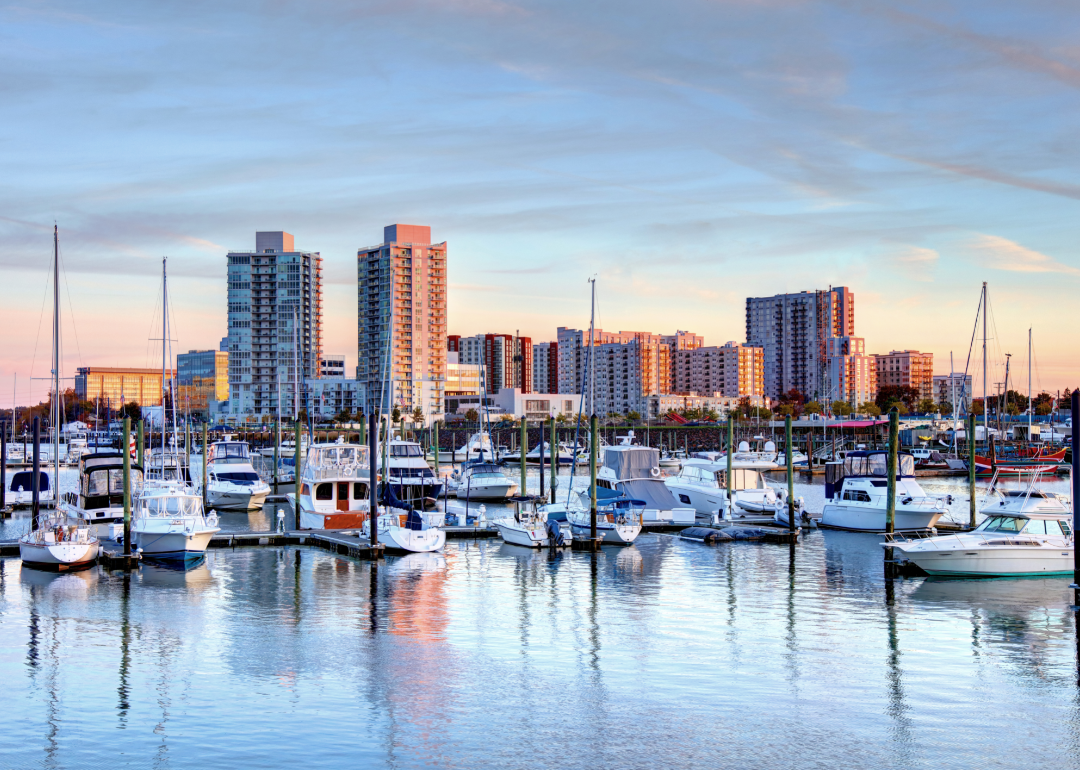 Sailboats on the water in front of the Stamford skyline.