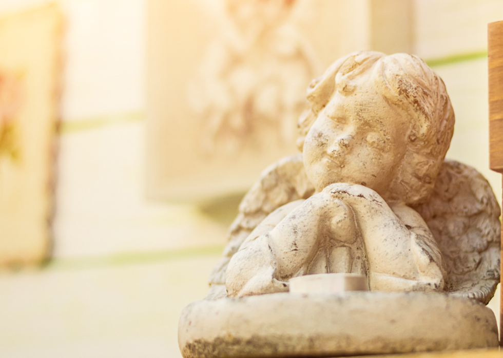 A closeup of a white cupid statue.