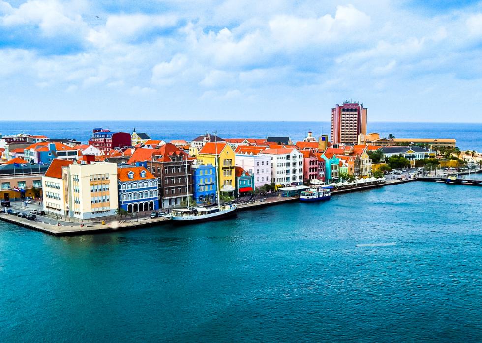 Aerial view of an island with colorful buildings.