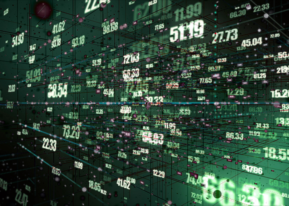 A digital illustration of strings of data on a green background.