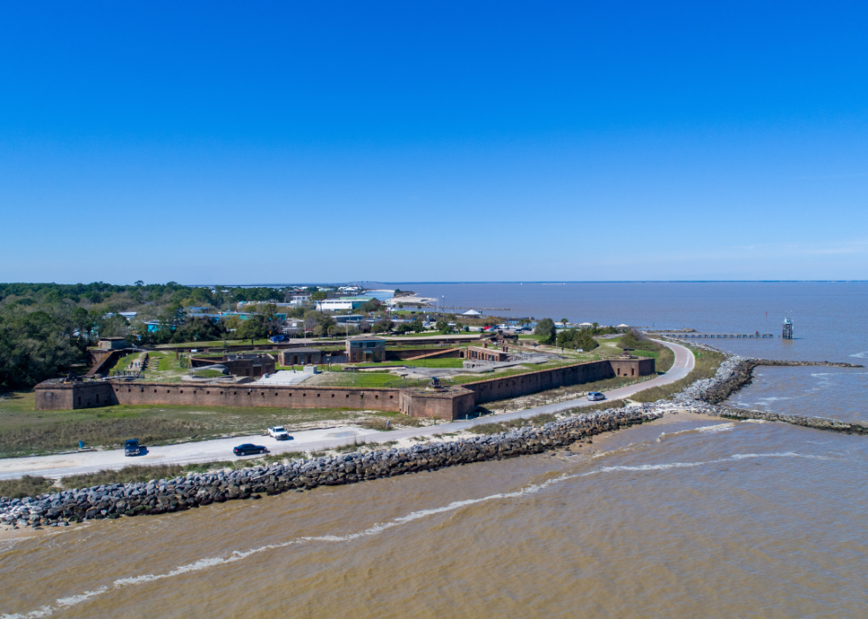 An aerial view of a fort on the coast.