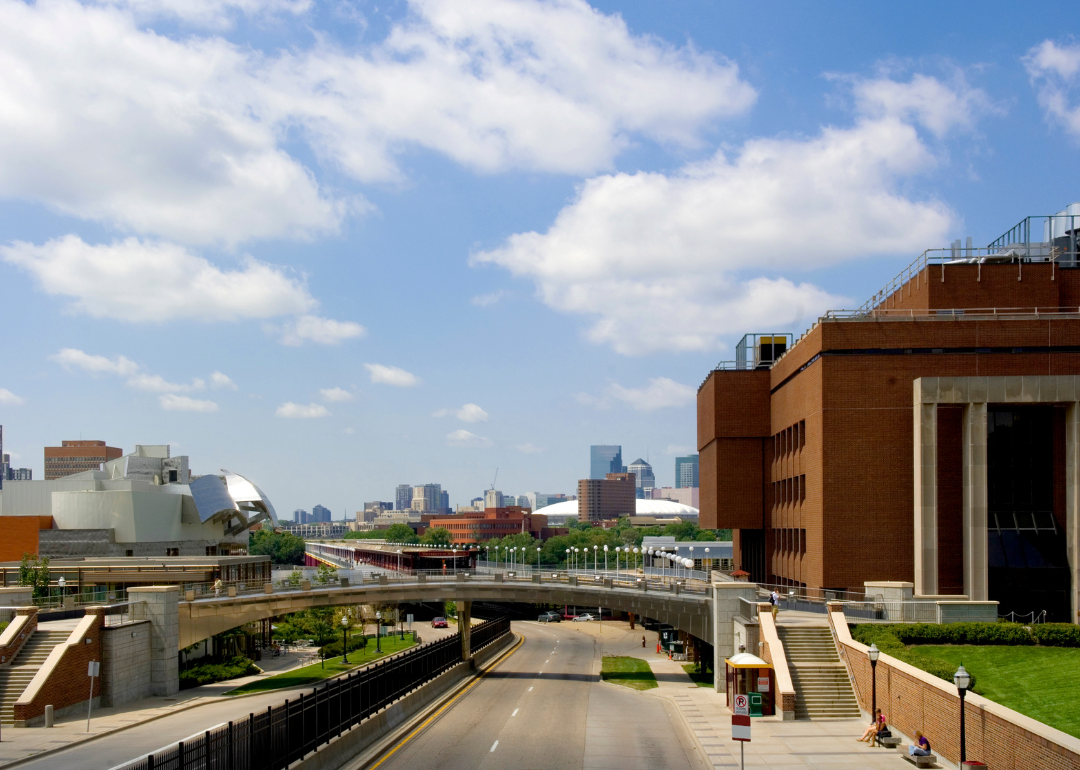 The University of Minnesota with the Minneapolis skyline in the background.