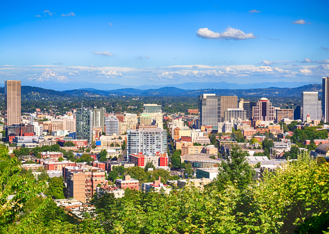 The Portland skyline with mountains in the background.