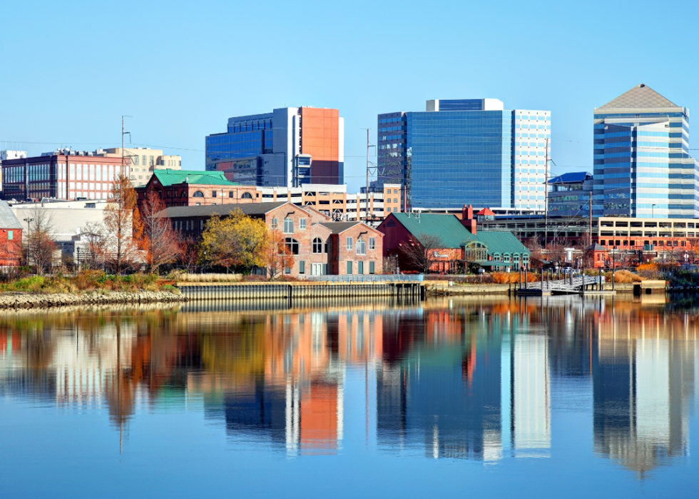 A city skyline with river in the foreground.
