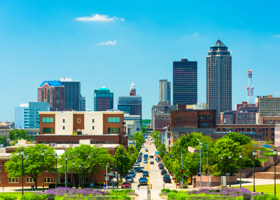 Skyline view of the city with city traffic.