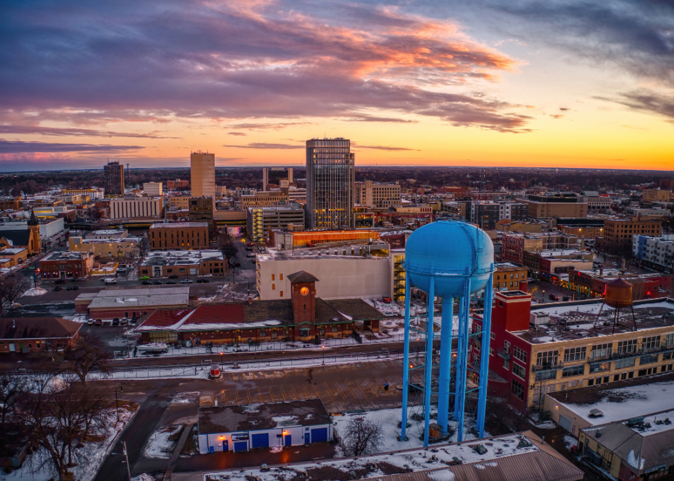An aerial view of city skyline at dusk.