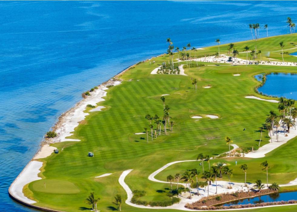 Large golf course with green grass, tall palm trees by the body of water. 