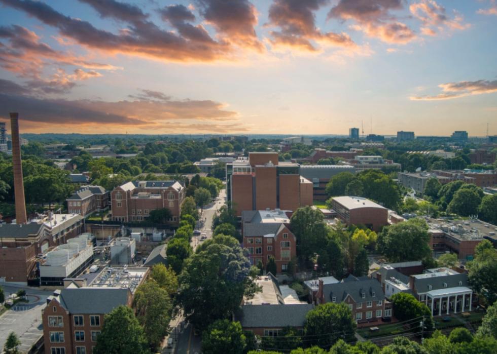 An aerial view of Georgia Institute of Technology at sunset.