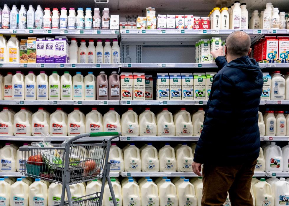 A shopper walking through the dairy aisle of a grocery store in Washington, D.C.