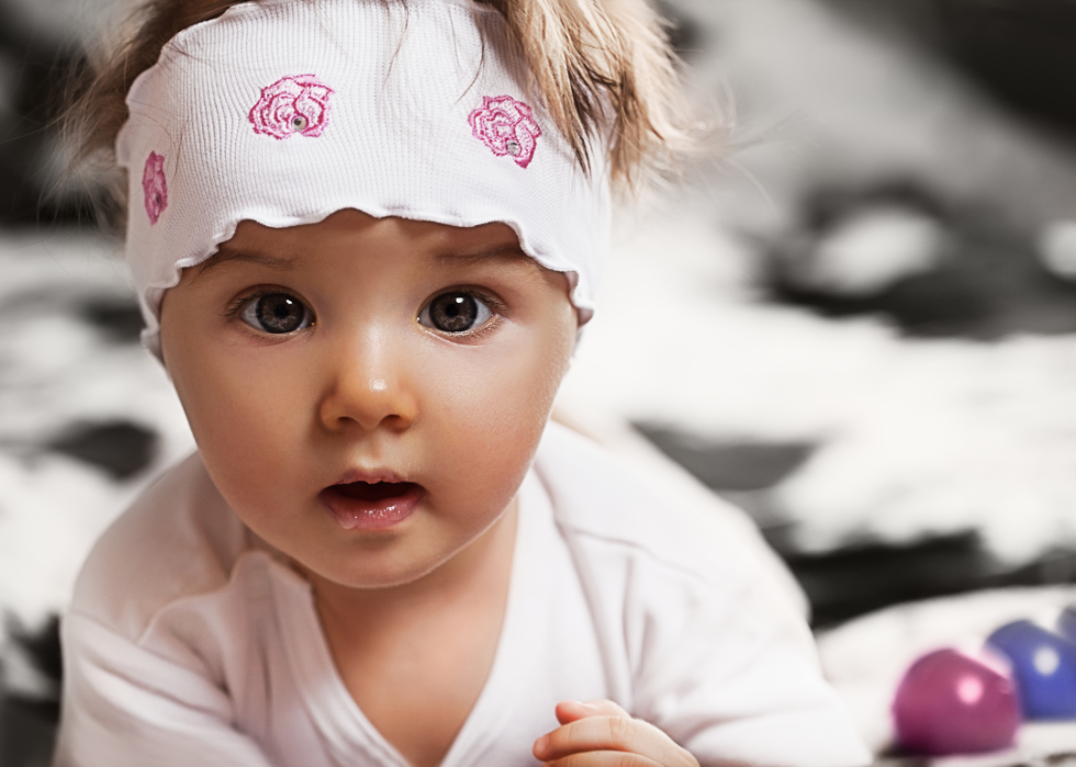 A closeup of baby girl with large eyes.