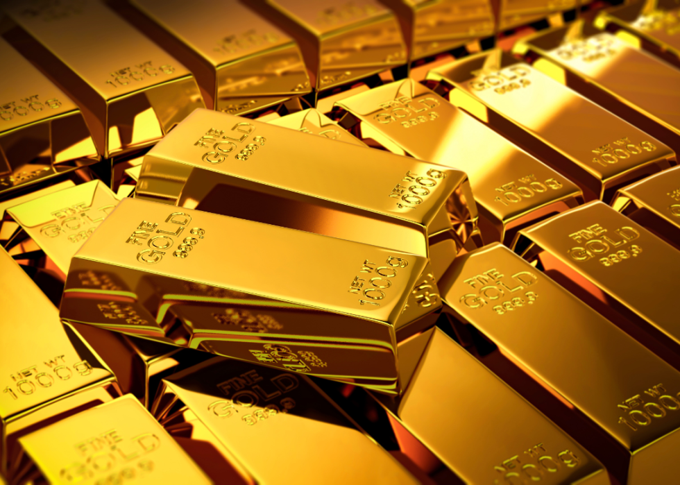 Gold bars stacked together.