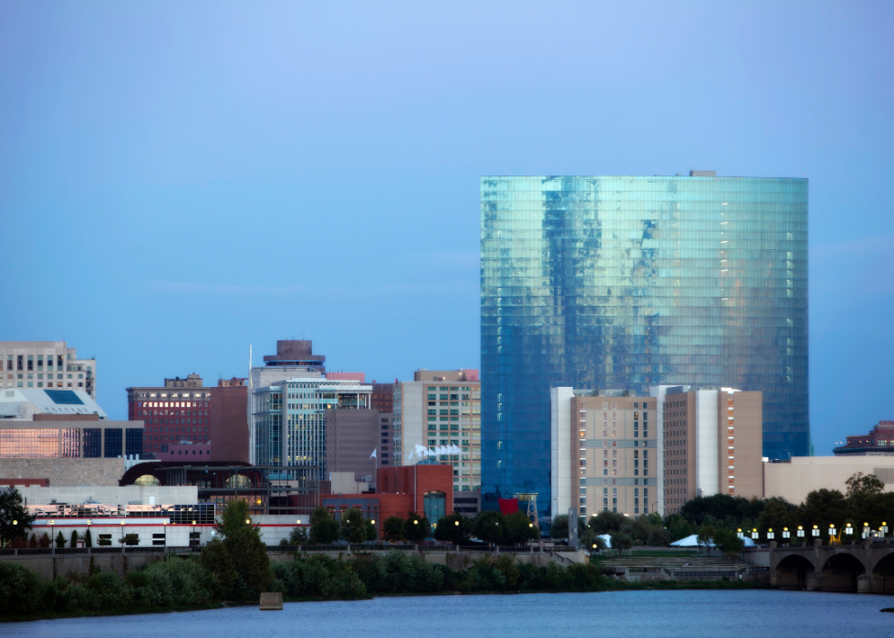 City skyline by the river.