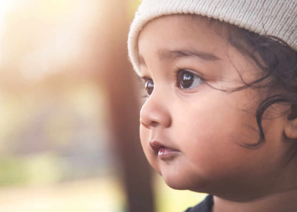A closeup of an Asian / Indian boy wearing a hat.