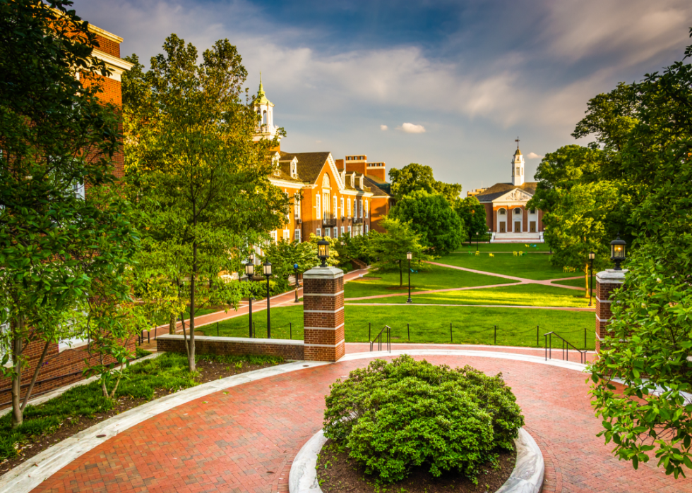 Exterior view of buildings at Johns Hopkins University.