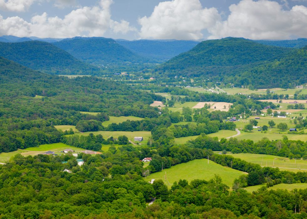 Green mountain hills covered in trees with few homes in between.