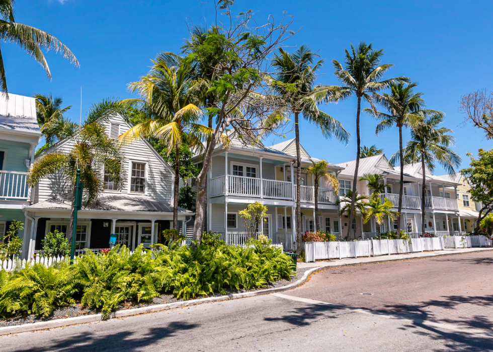 A row of houses with palm trees in the background.