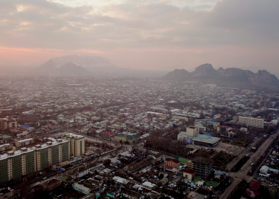 An aerial view of Osh, Kyrgyzstan.