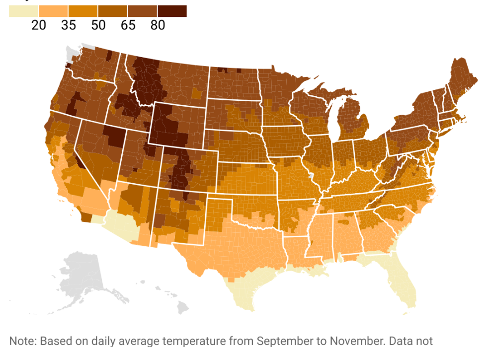 Map showing sweater weather begins in the fall for most of the U.S. Northern regions have more counties with a higher number of days below 60 degrees Fahrenheit in the fall.