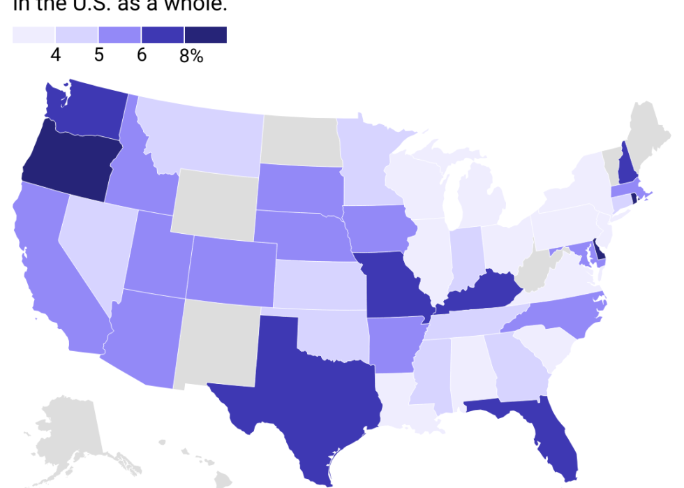 A map of showing which states have the highest share of companies who are currently using AI to produce goods and services.