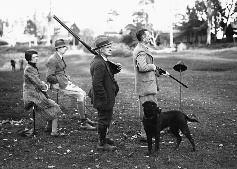 Vintage photo of target shooting with labrador retriever in England.