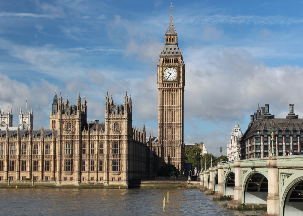 View of a river, the Big Ben clock tower, and other historic buildings in London.