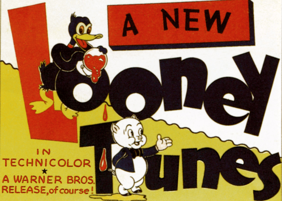 Looney Tunes, lobbycard, from top: Daffy Duck, Porky Pig on stock lobbycard, 1944.