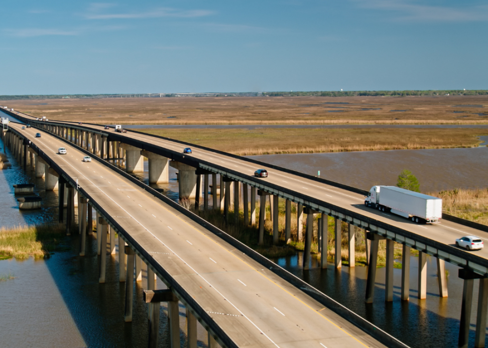 An high-angle view of cars driving on the interstate. 