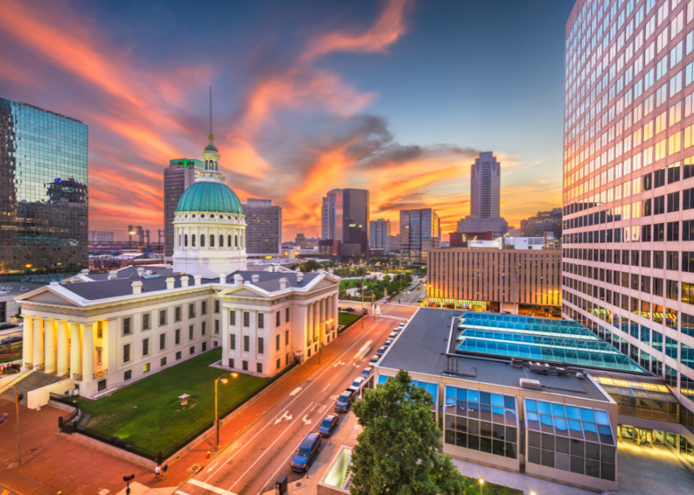 City skyline at sunset.