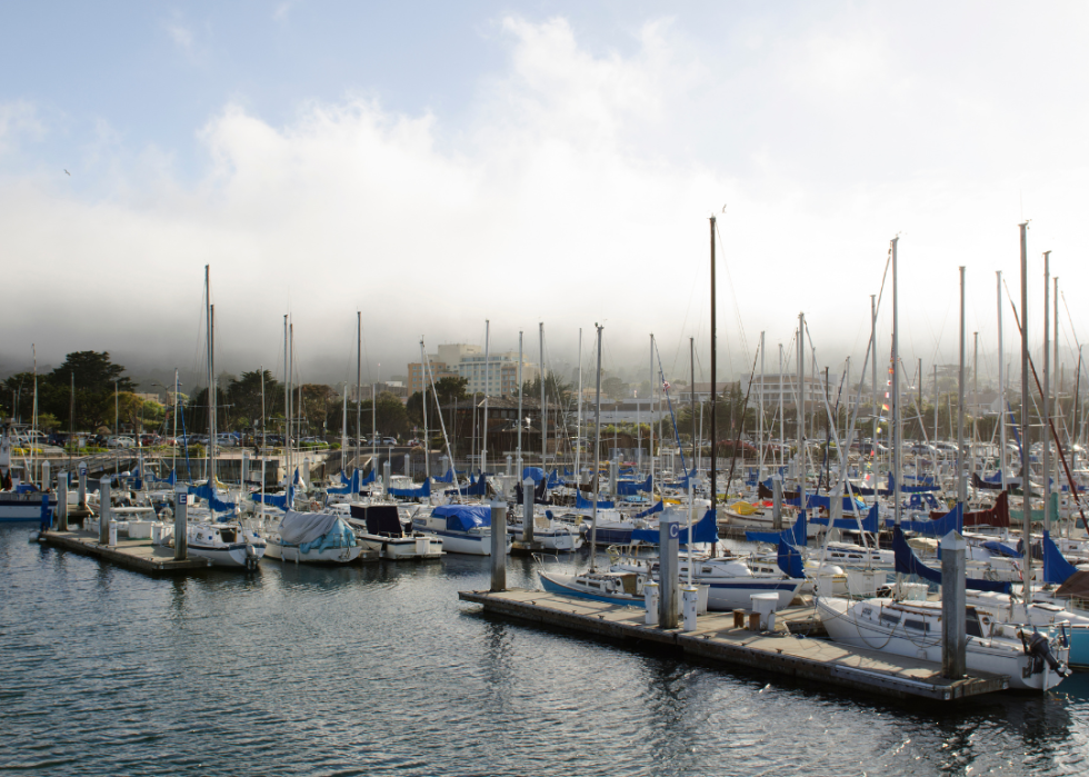 Boats docked in a port.