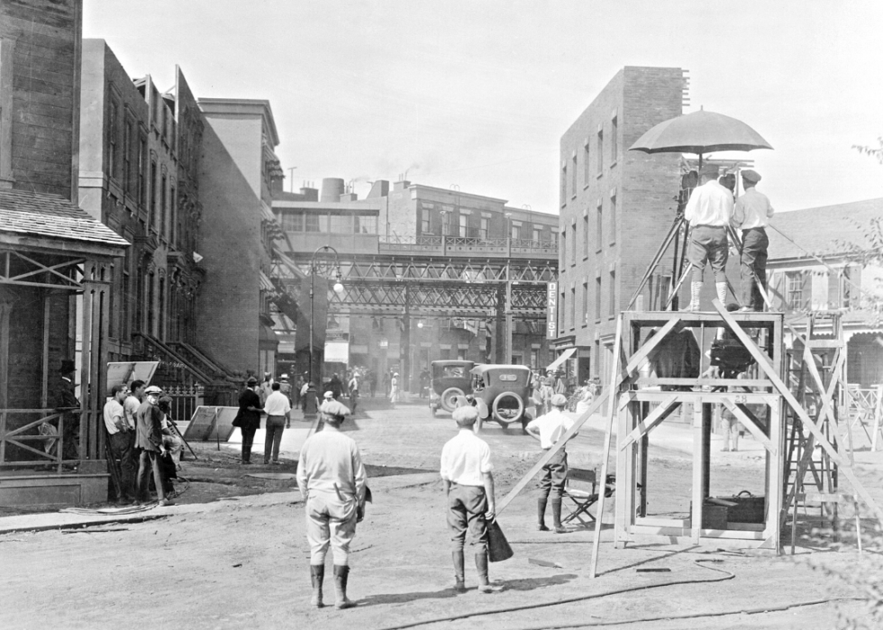 A movie being shot on a backlot set replica of New York