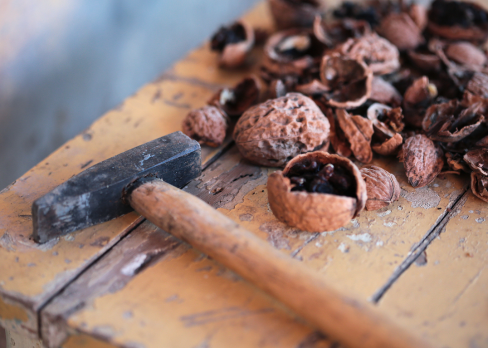 A closeup of cracked walnuts on the wooden table with a hammer in the foreground.