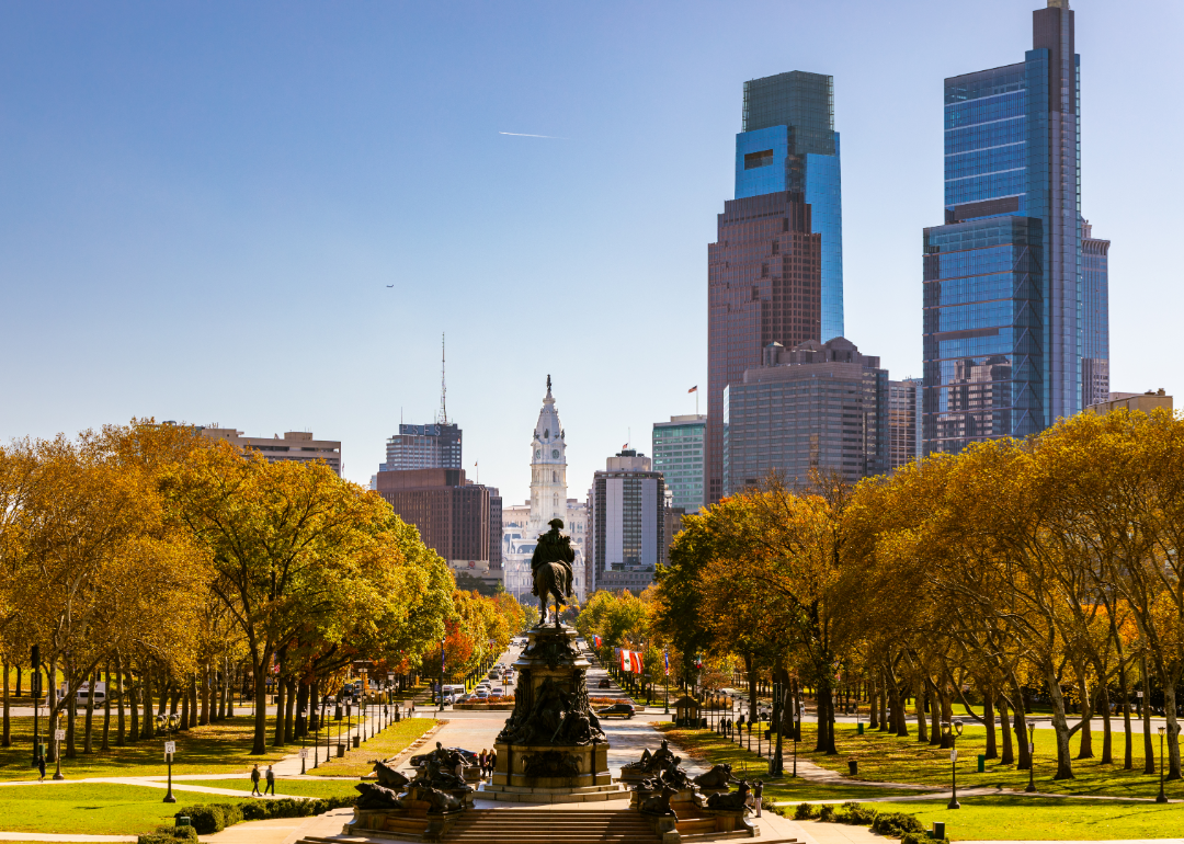 A city park and skyscrapers in Philadelphia.