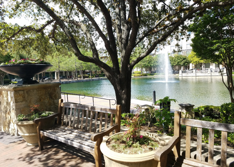Benches and trees in front of a a water feature in downtown Plano.