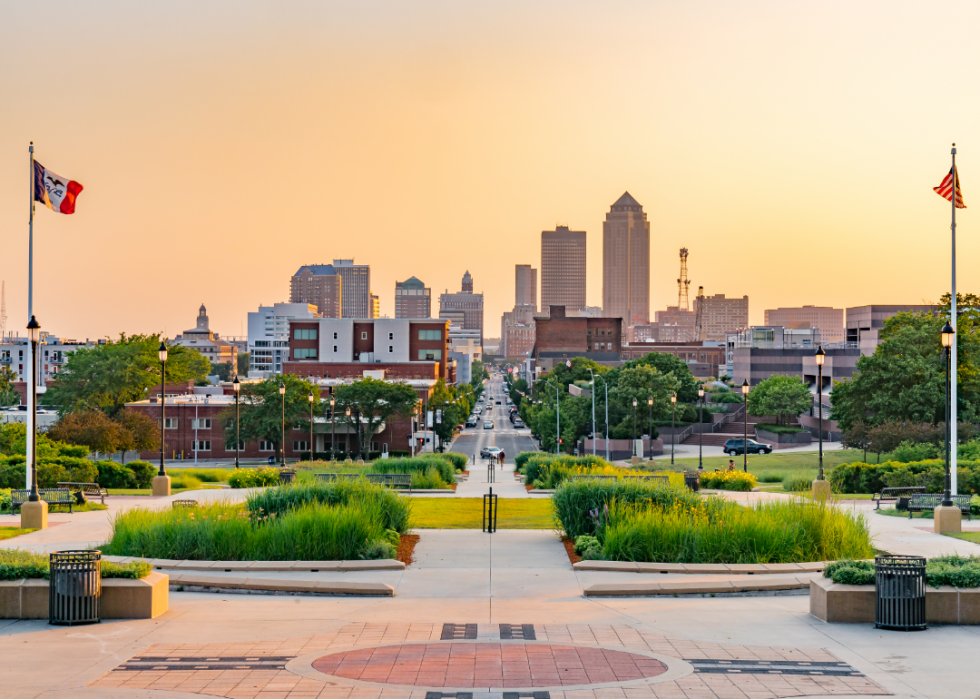 The Des Moines skyline at sunset.