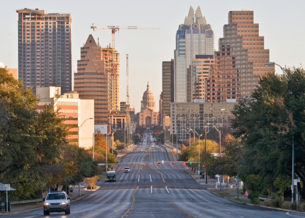The skyline in Austin with the capitol in the background.