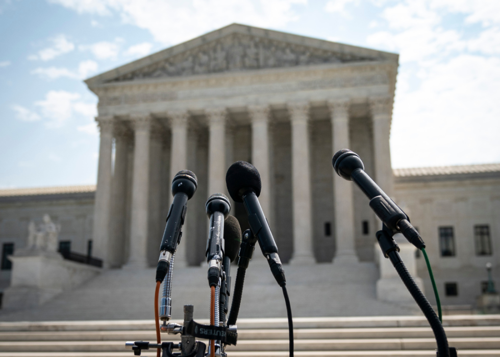 Microphones set up outside the Supreme Court building.