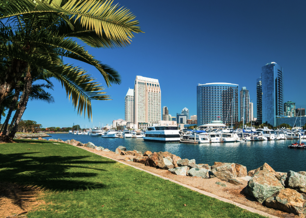 The San Diego skyline seen across a causeway.