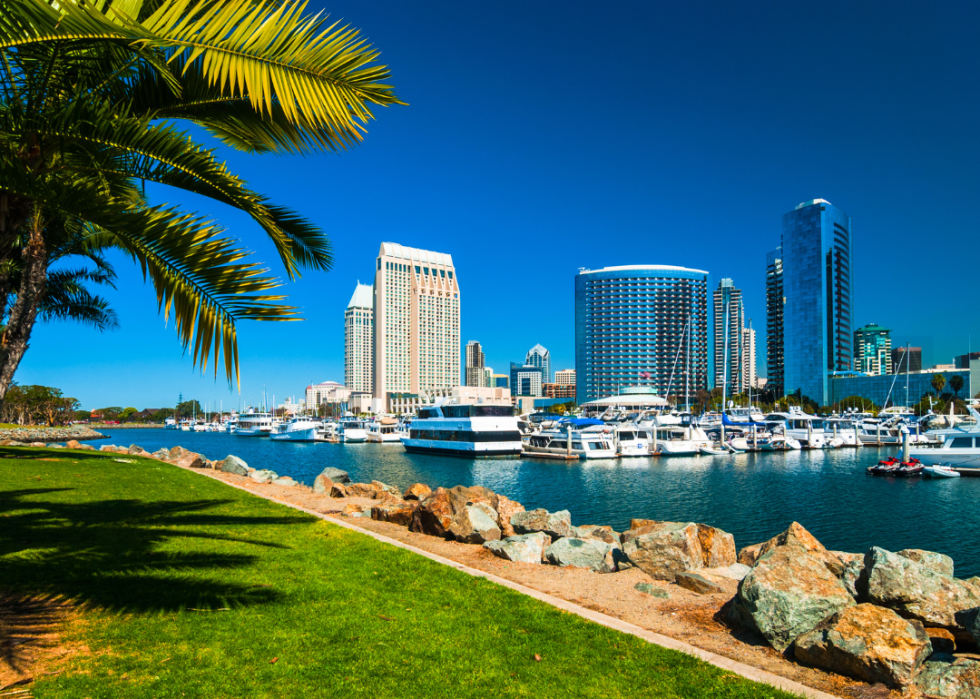 A view of a city from across the water.