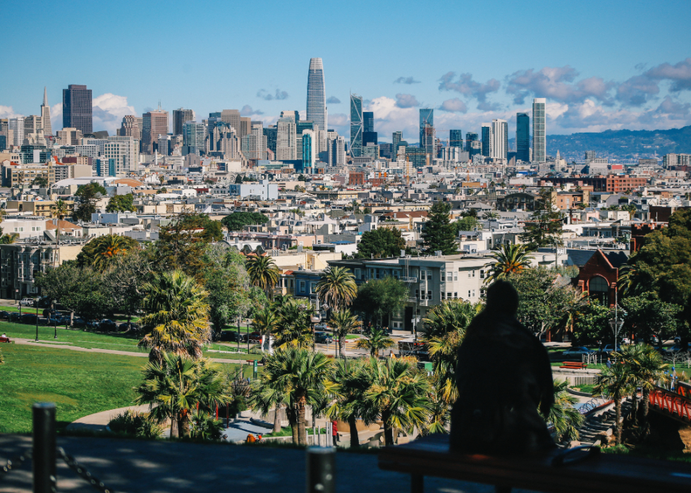 A view of a park in the foreground, a city skyline visible in the distance.