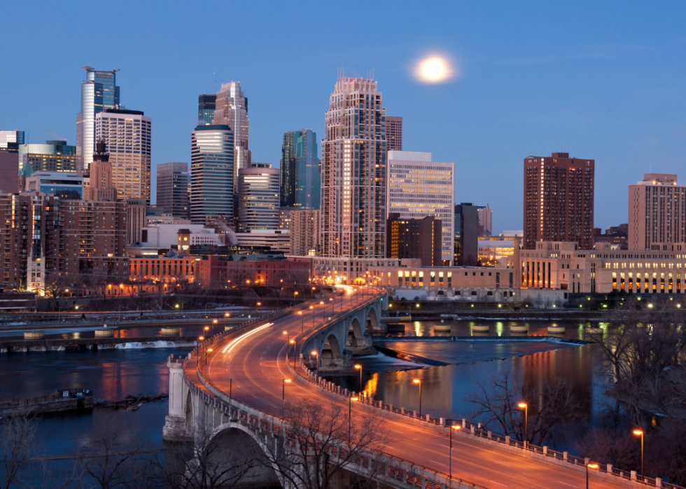 Skyline of the city at dusk with a bridge over the river in the foreground.
