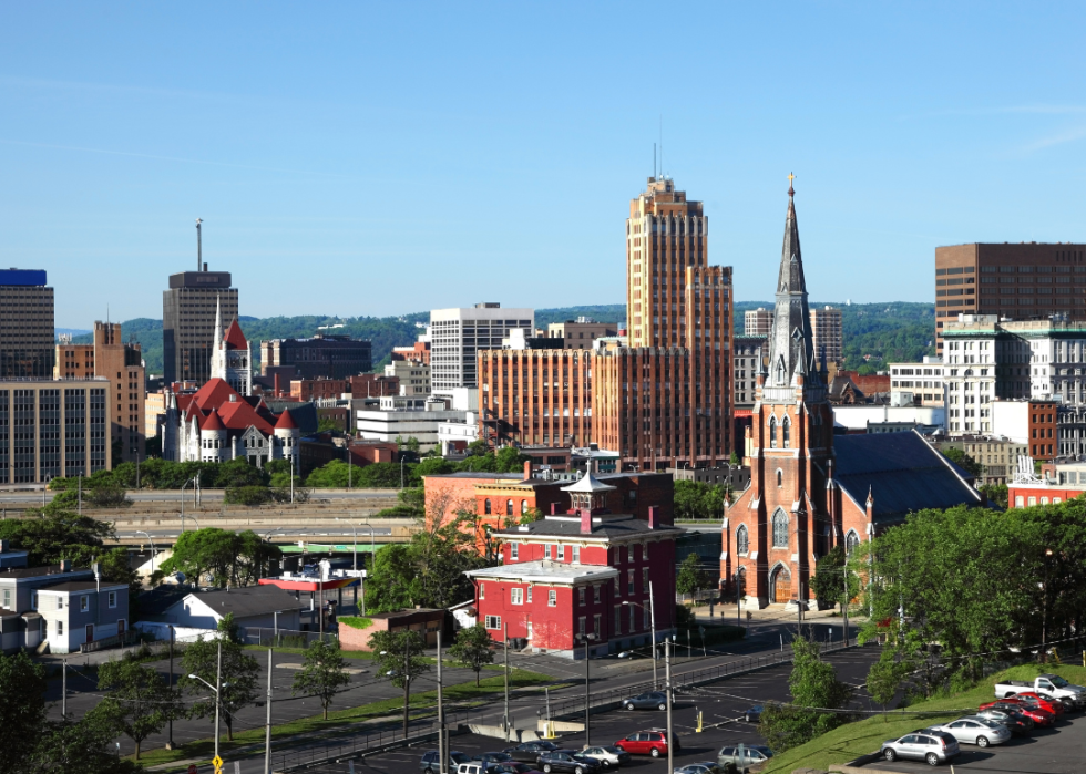 A city skyline with a church in the foreground. The skyline is made up of a variety of buildings, including skyscrapers, office buildings, and residential buildings.