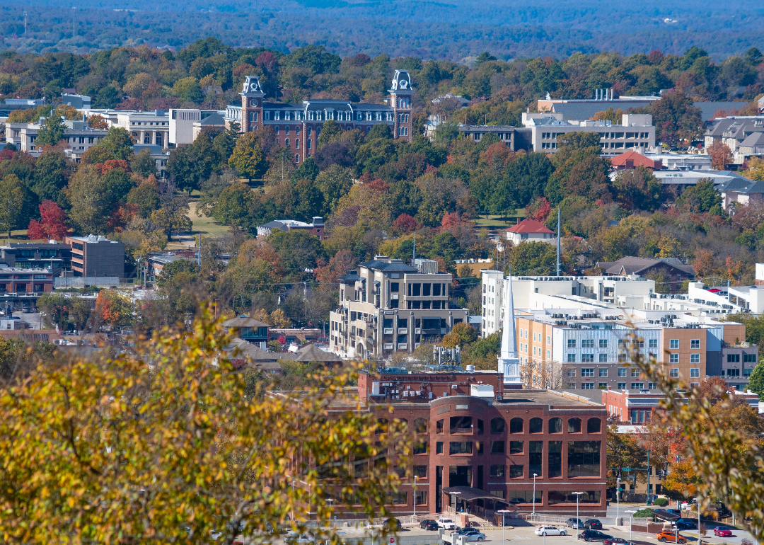 An aerial view of Fayetteville in Autumn.