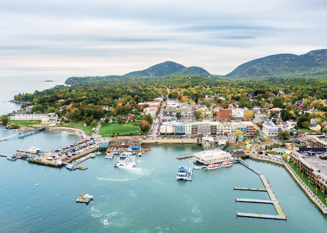 An aerial view of Bar Harbor on the water.