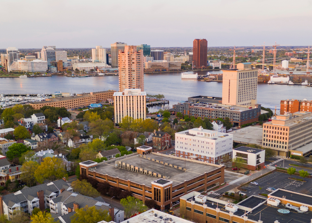 An aerial view of Portsmouth on the river.