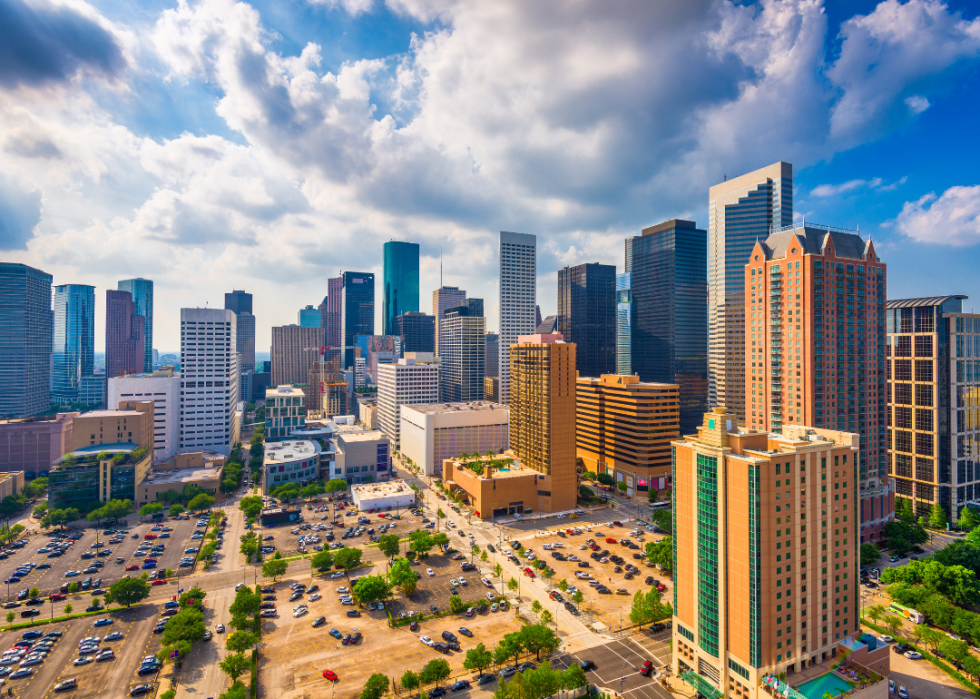 City skyline of tall modern buildings.