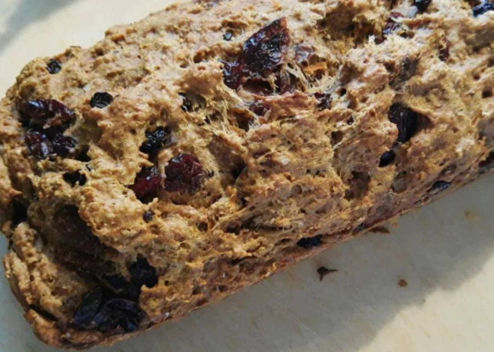 A closeup of a traditional Irish Barmbrack cake. 