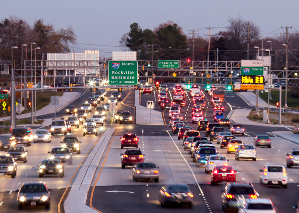 Busy traffic on the highway at dusk.