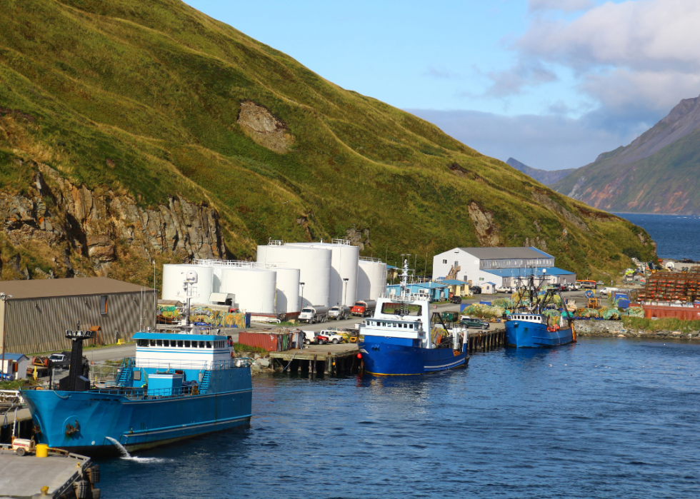 A harbor with boats docked in front of a mountain.